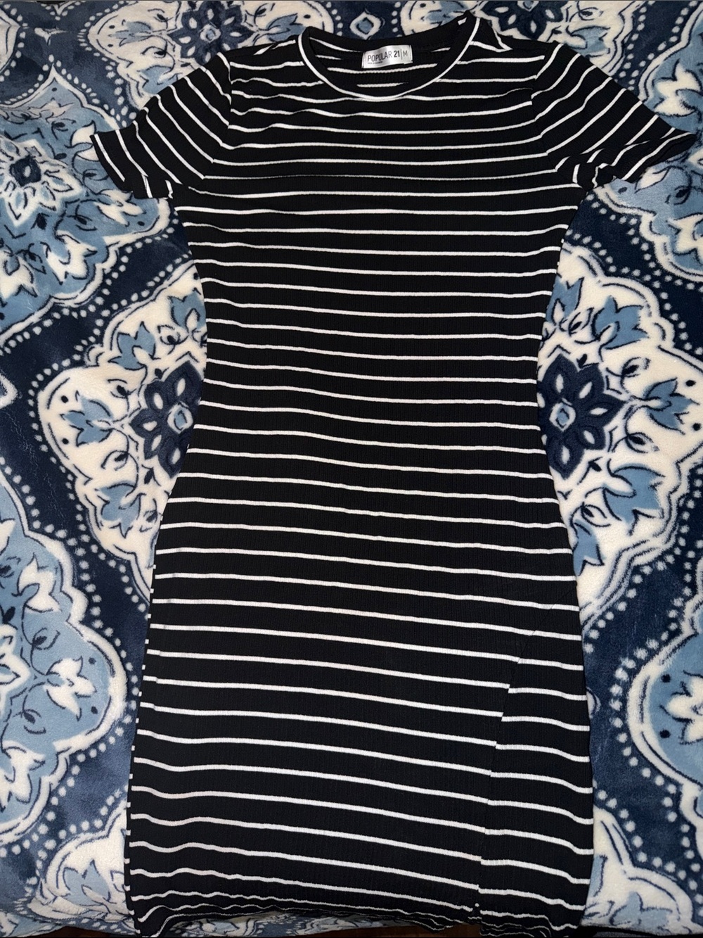 Black & White Striped Short Sleeve Mini Dress by Poplar 21
